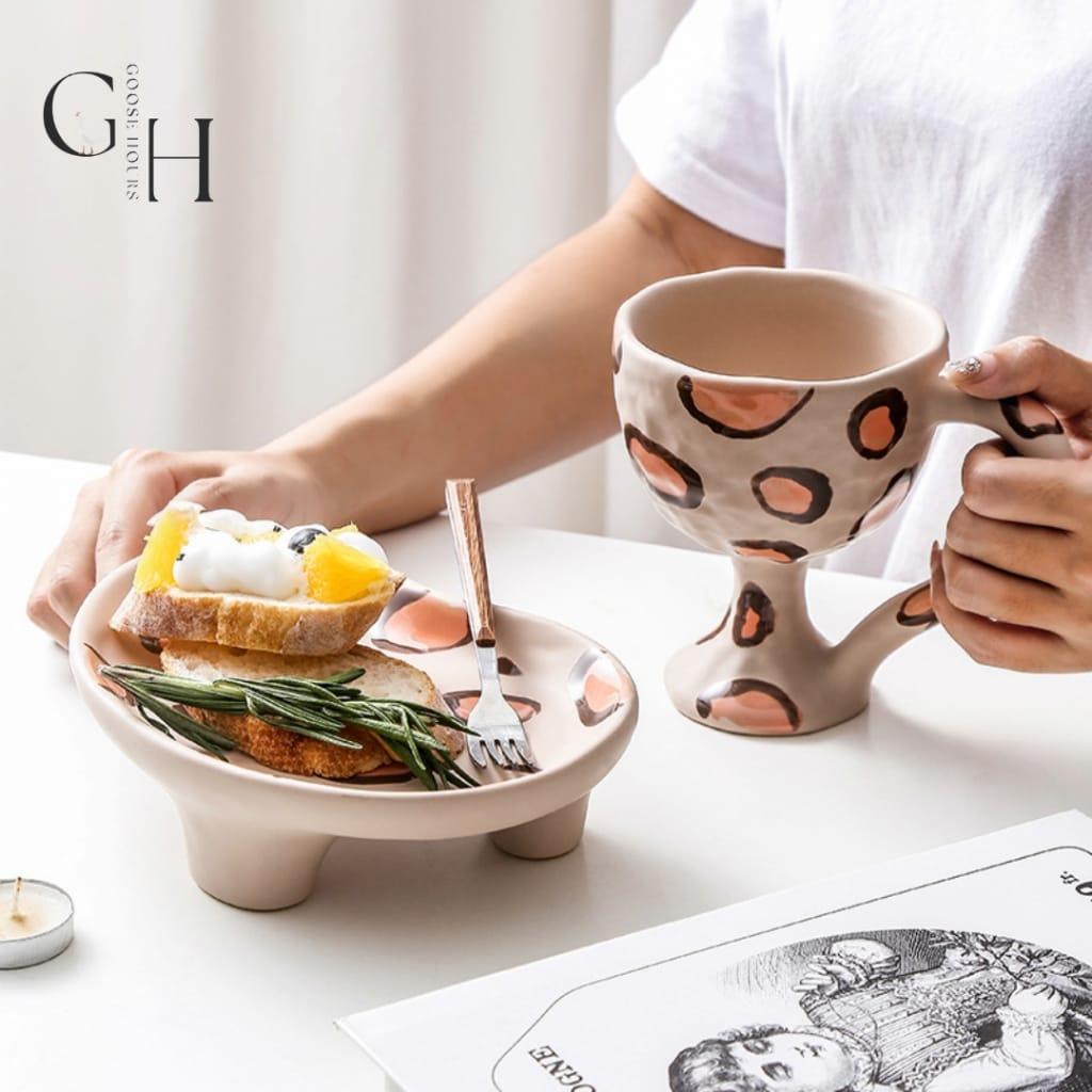 ชุดอาหารว่างลายเสือดาว แก้ว และ จานขนม เซรามิค จับสะดวก Ceramic Coffee Mugs &